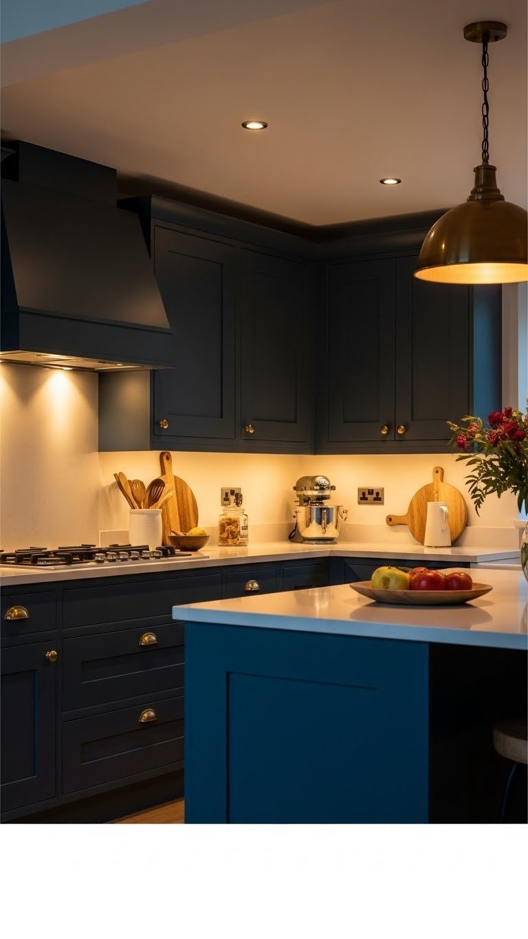 Deep blue kitchen with layered lighting: under-cabinet, recessed, and brass pendant over island. Cozy ambiance.