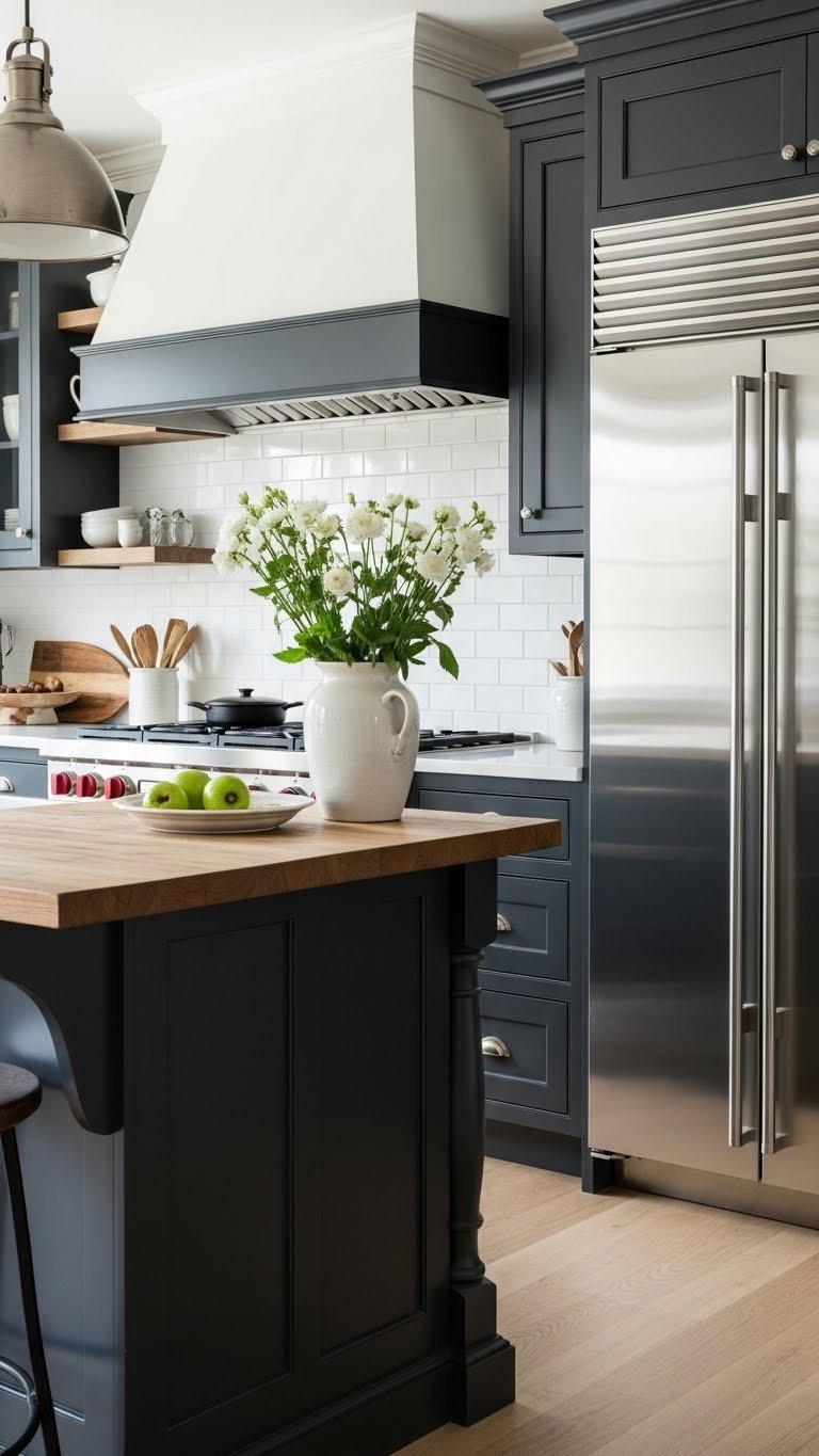 Deep charcoal gray kitchen cabinets with rustic wood countertops and white flowers in elegant daylight