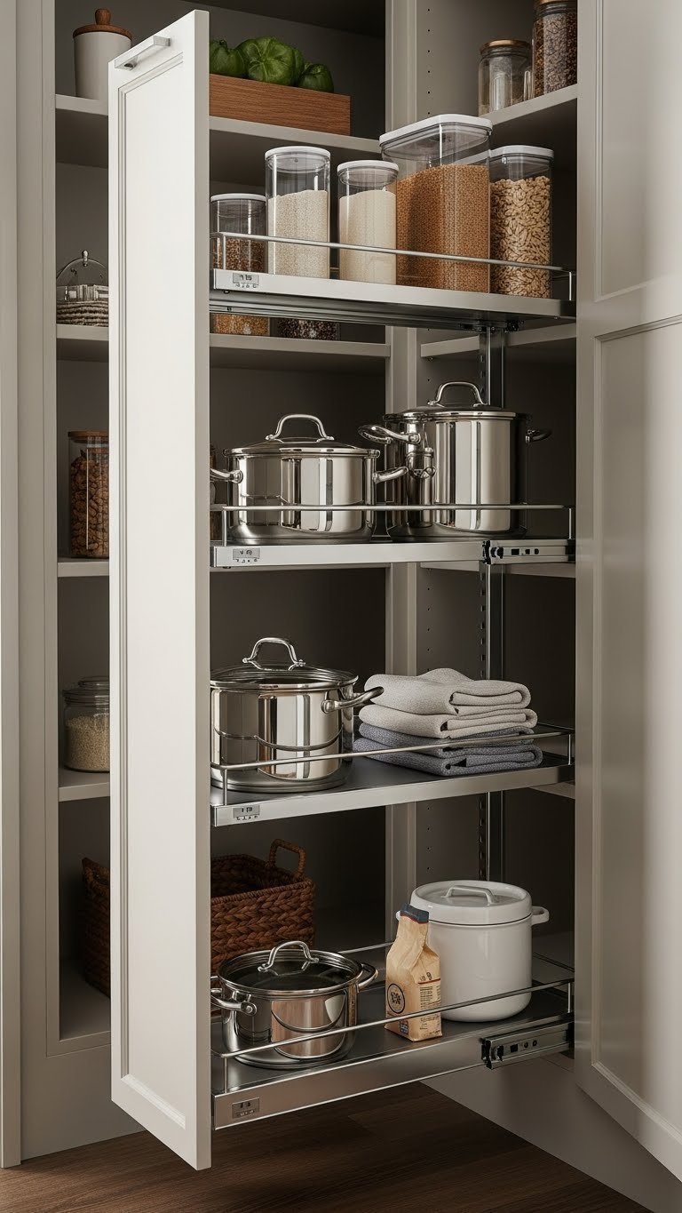 11 Corner Pantry Ideas: Maximize Kitchen Space &Amp; Style 9 Deep corner pantry with extended chrome pull-out shelves reveals organized pots, pans, appliances.