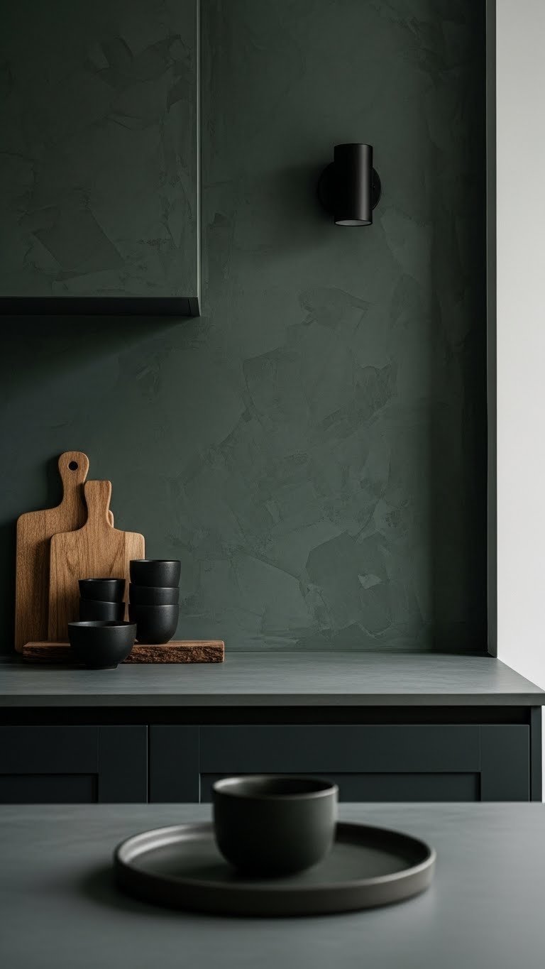 Deep forest green limewash kitchen wall with subtle texture, matte black sconce, and raw wood in soft natural light.