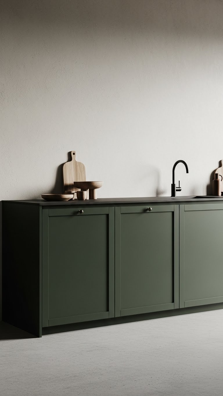 Deep forest green matte kitchen cabinets against a neutral wall, with polished concrete floor and wooden accents.