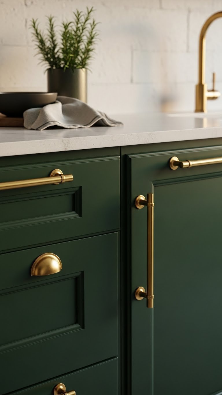 Deep green kitchen island cabinetry with unlacquered brass cup pulls and bar handles. Textured detail, golden hour light, linen tea towel.