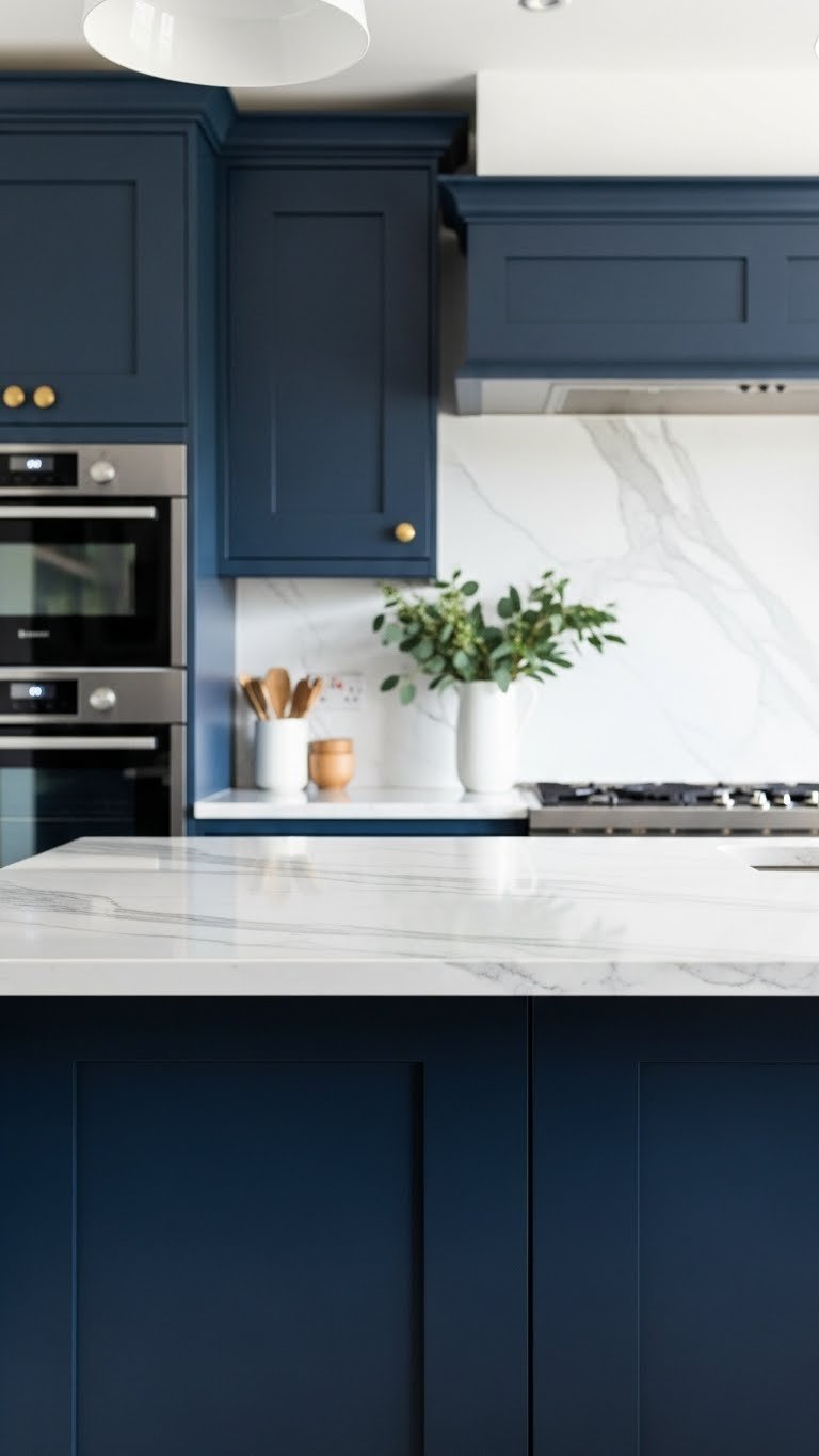 Deep indigo matte kitchen cabinetry contrasts with white marble countertop and grey veining. Modern kitchen design.