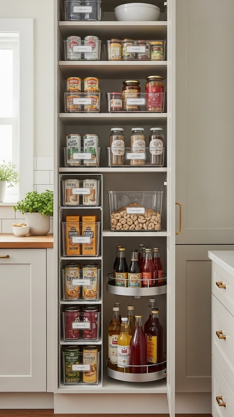 Proven Narrow Pantry Ideas: Essential Solutions For Small Kitchens 13 Deep narrow pantry shelf organized with multi-tiered risers, pull-out bins, and lazy Susans, maximizing storage.
