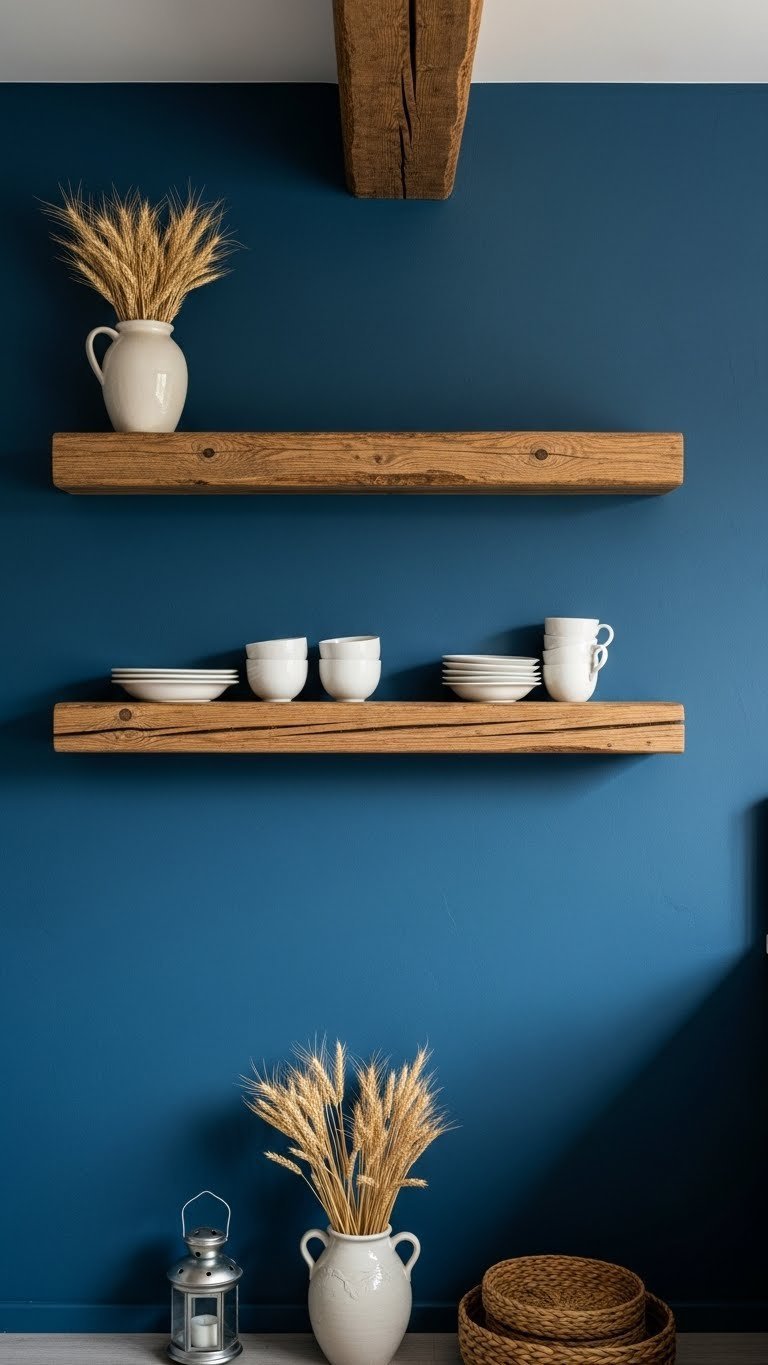 Deep rustic blue kitchen wall with reclaimed wood open shelves displaying white ceramics and ceiling beam