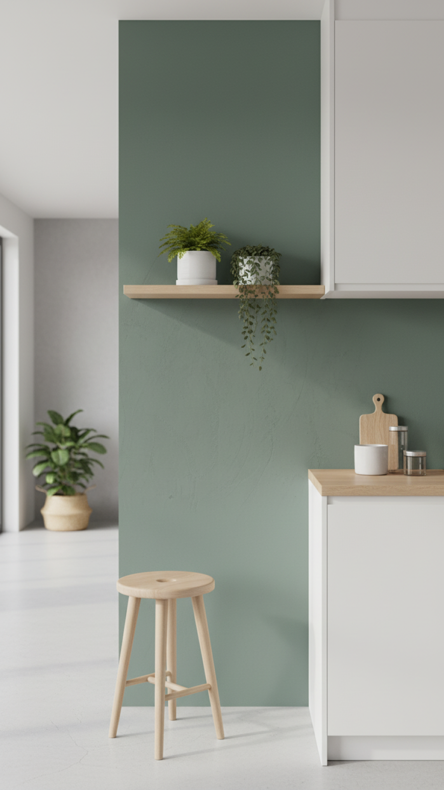 Deep sage green accent wall with floating wood shelf holding white ceramic pots with green plants