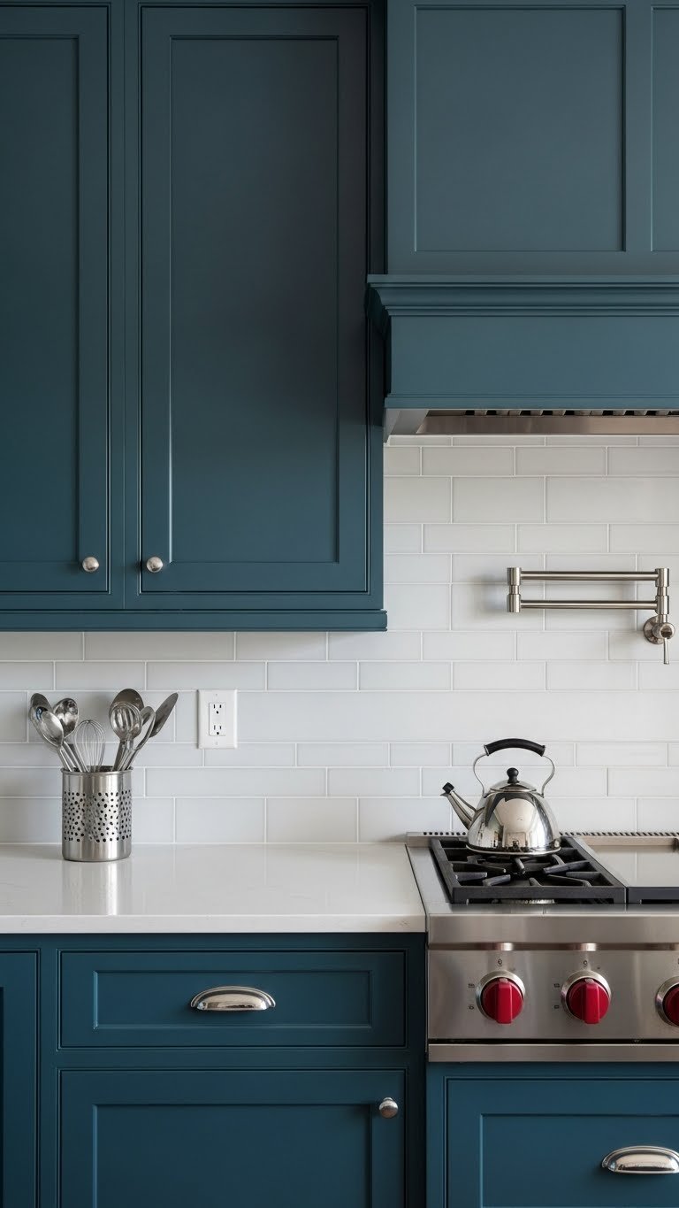 Deep teal kitchen cabinets with glossy white subway tile backsplash, reflecting light. Modern kitchen design details.