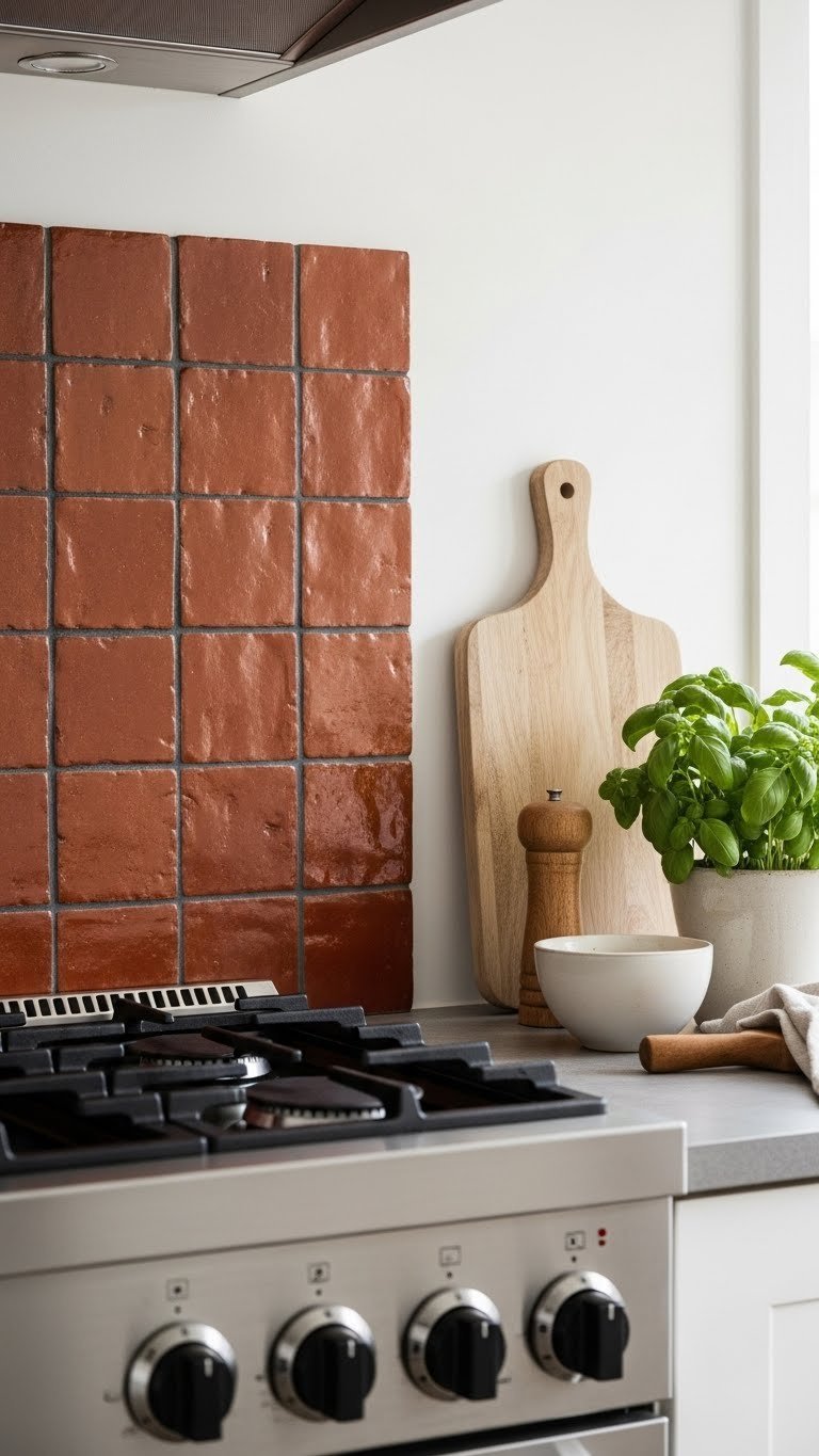 Deep terracotta square kitchen backsplash tiles with dark gray grout, stainless steel range top, wooden cutting board, fresh basil.