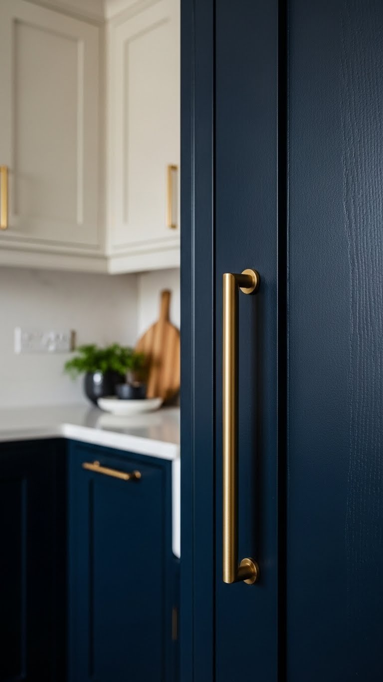 Dark Kitchen Aesthetic Secrets To Chic Home Design 1 Deep tone midnight blue kitchen wall, matte finish, with brushed gold handle and soft natural light. Minimalist kitchen design.