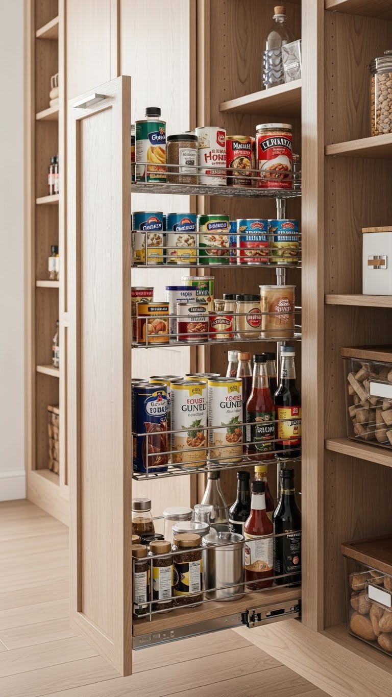 Pantry Organization: 7 Genius Ideas For Every Kitchen 3 Deep wooden pantry featuring an extended pull-out shelf with organized canned goods, small appliances, and bottled sauces in clear bins.