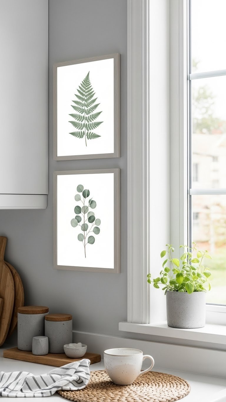 Scandi Kitchen Artwork: 11 Essential Ideas For A Cozy Home 3 Delicate botanical illustrations in light wood frames arranged asymmetrically on white scandi kitchen wall near window with linen curtains