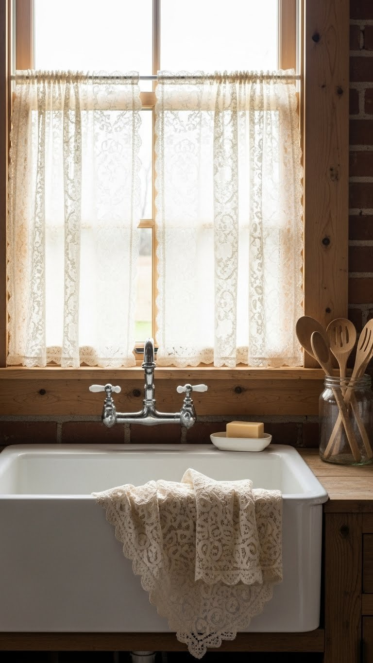 Delicate cream lace kitchen curtains with vintage pattern filtering soft light through rustic kitchen window