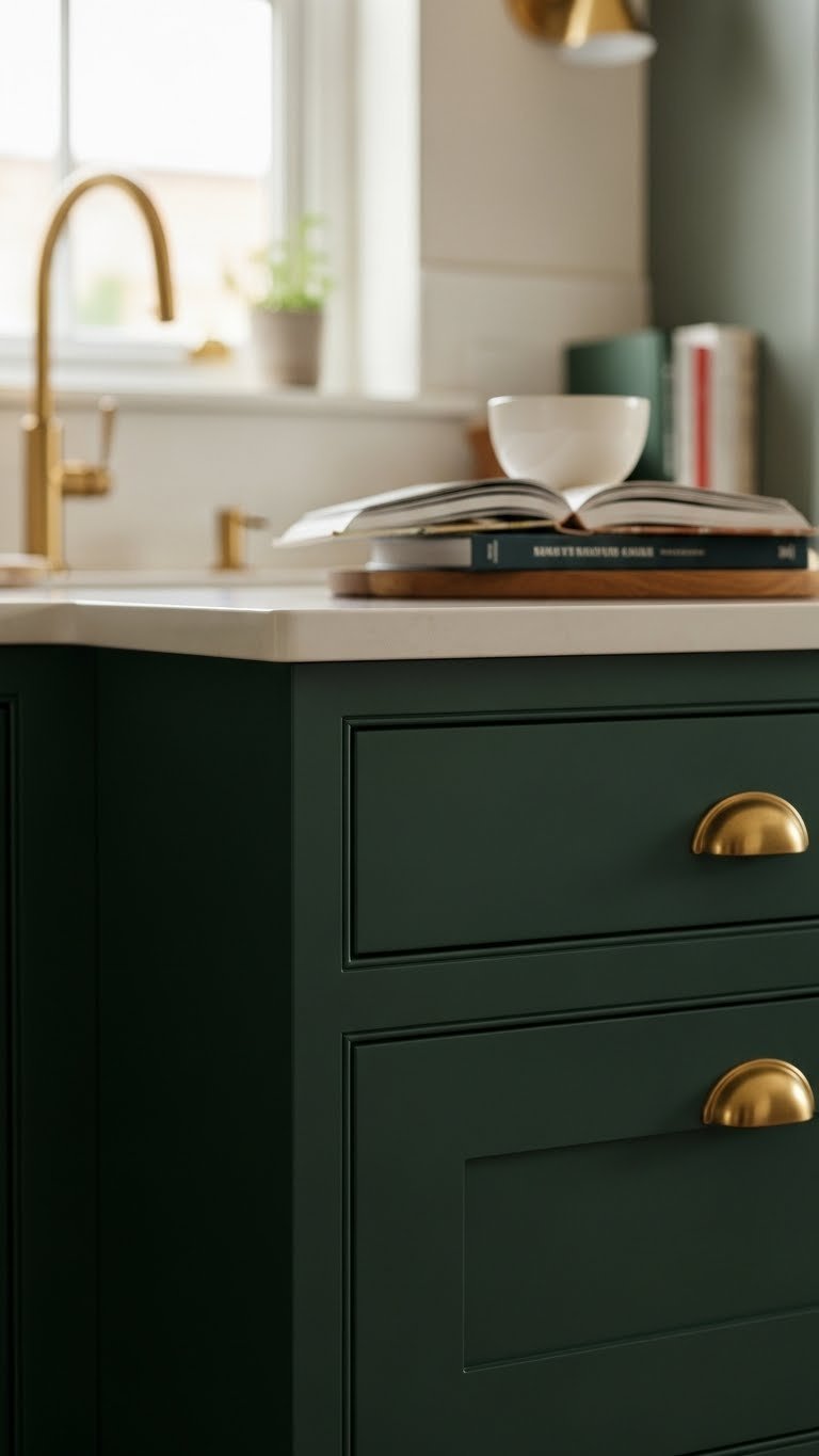 Detail of matte forest green shaker kitchen cabinets with brass hardware. Intricate joinery, rich color, soft light, and cookbooks.
