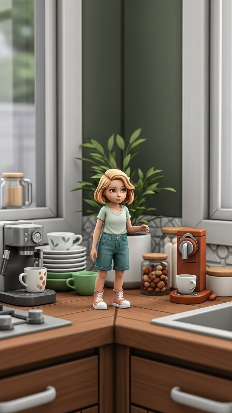 Detailed Sims 4 kitchen counter with ALT-placed objects, resized decor, and macro textures creating realistic lived-in appearance