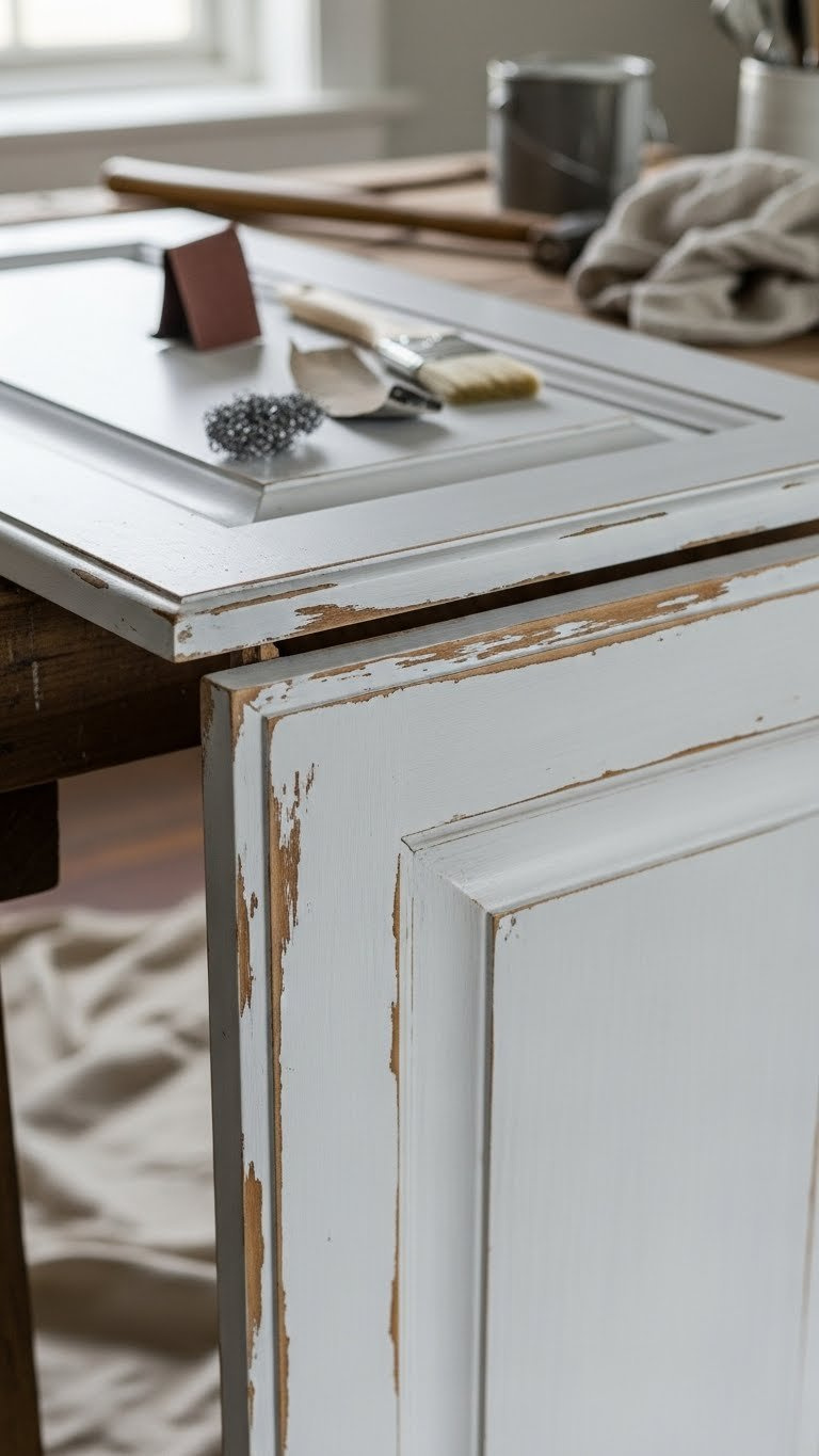 Detailed close-up of DIY distressed rustic farmhouse cabinet door showing intentional wear along edges and corners revealing underlying wood grain.