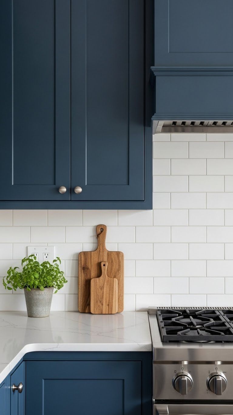 Detailed rustic stone backsplash contrasting with navy blue kitchen cabinets featuring potted herbs and cutting board