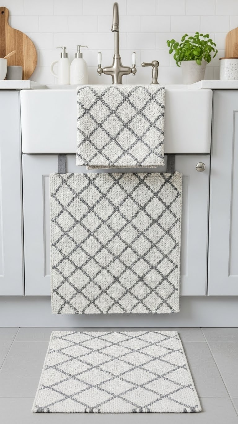 Diamond patterned flatweave Scandinavian kitchen rug with grey and white design on light tile floor