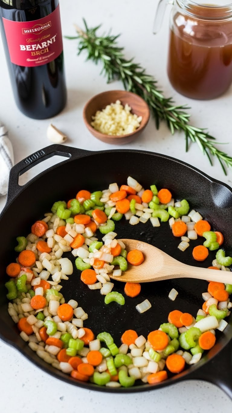 My Failproof Crockpot Stew Recipe For Easy Dinners 3 Diced onion carrots celery sautéing in skillet with garlic and rosemary