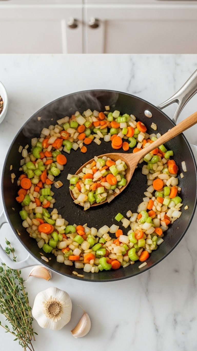 The Secret To A Melt In Your Mouth Venison Stew Recipe 3 Diced onions carrots celery sautéing in Dutch oven with garlic and thyme