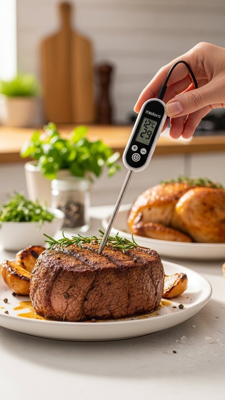 Digital instant-read thermometer inserted into perfectly roasted chicken breast showing temperature on display