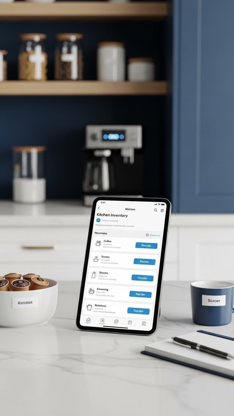 Small Office Kitchen: 11 Smart Ideas For Max Productivity 19 Digital inventory tablet displaying kitchen supply management app on modern office counter