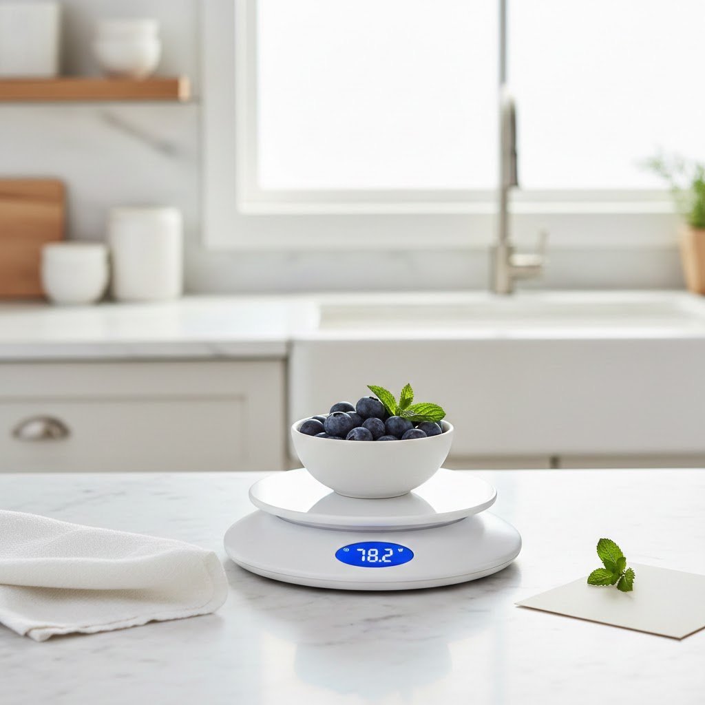 Digital kitchen scale with blueberries in white ceramic bowl on marble countertop