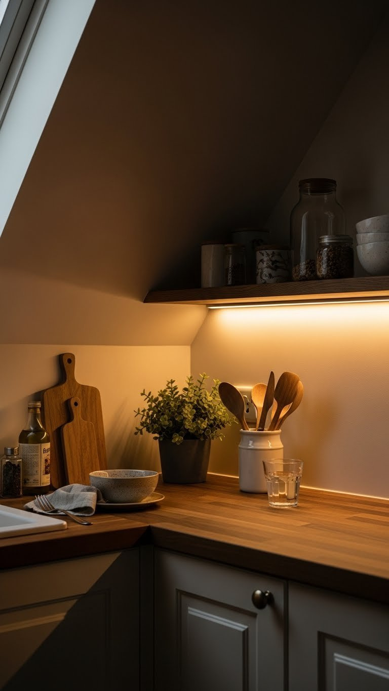 Discreet LED strip lighting creating warm glow under cabinet in cozy attic kitchen with dark wood tones