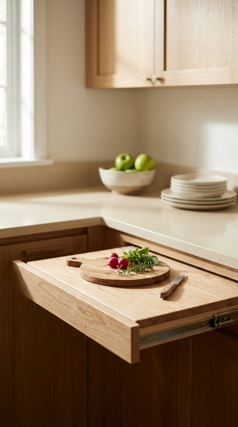 Discreet pull-out worksurface with cutting board and vegetables in space-saving kitchen design
