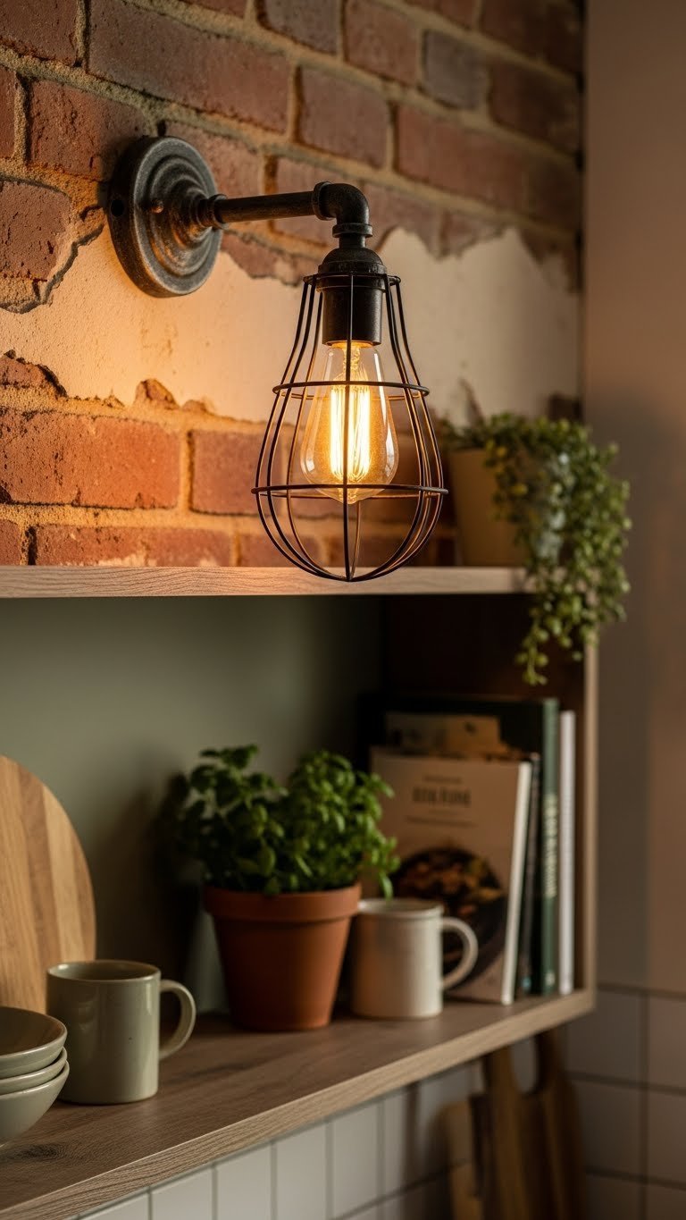 Distressed black metal wire cage wall sconce with Edison bulb mounted above rustic brick wall with wooden shelf
