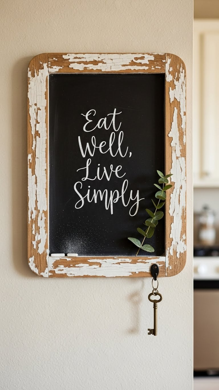 Distressed chalkboard sign with rustic hand-lettered message hanging on kitchen wall with sprig of eucalyptus decoration.