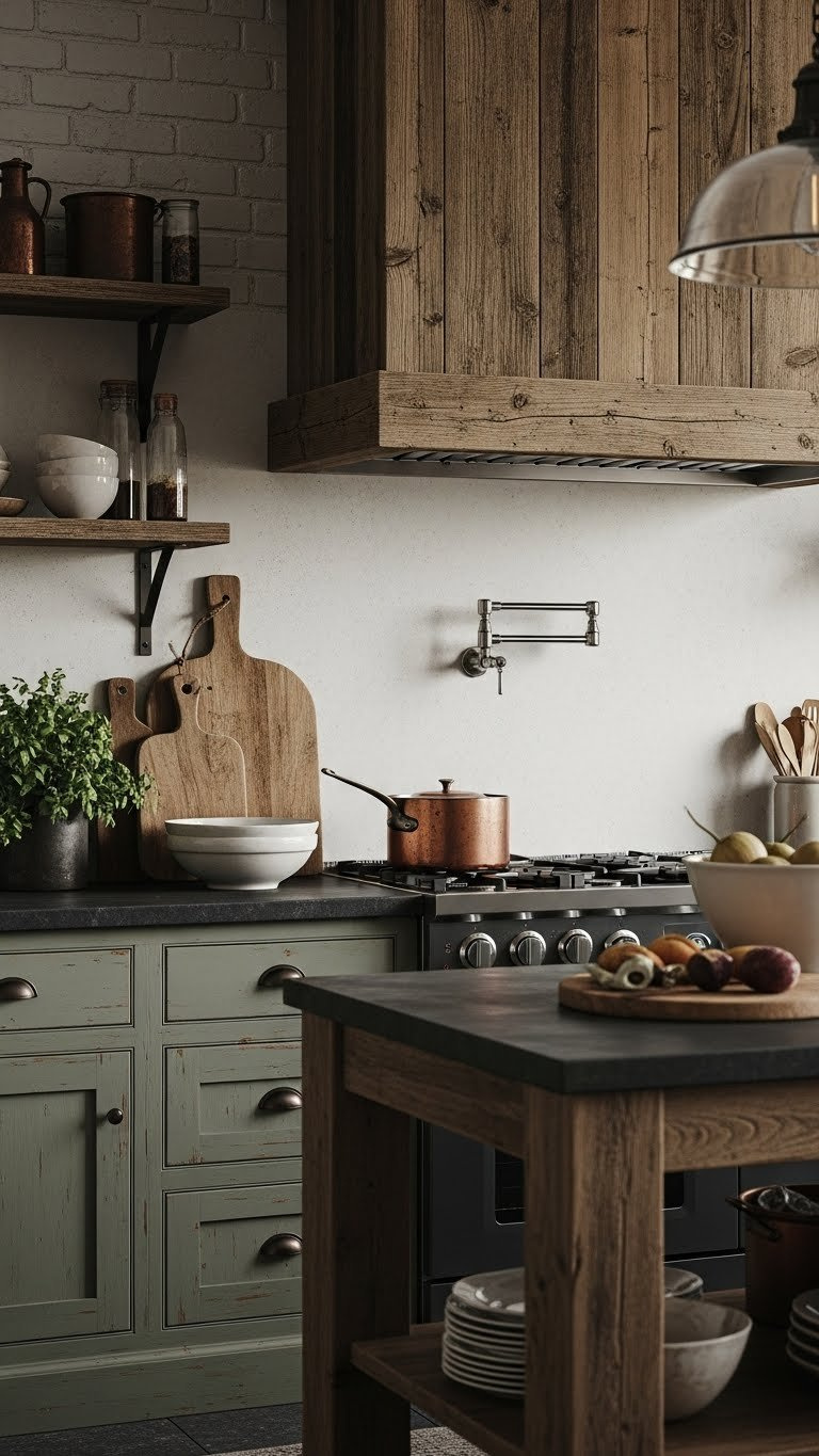 Distressed green cabinets with reclaimed wood accents and vintage copper pots on dark soapstone countertop