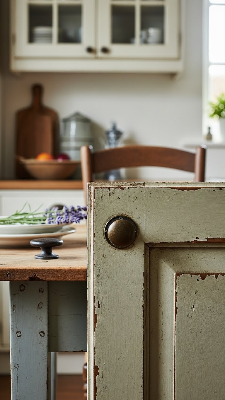 Distressed kitchen cabinet door with chipped paint effects and antique hardware in sage green color