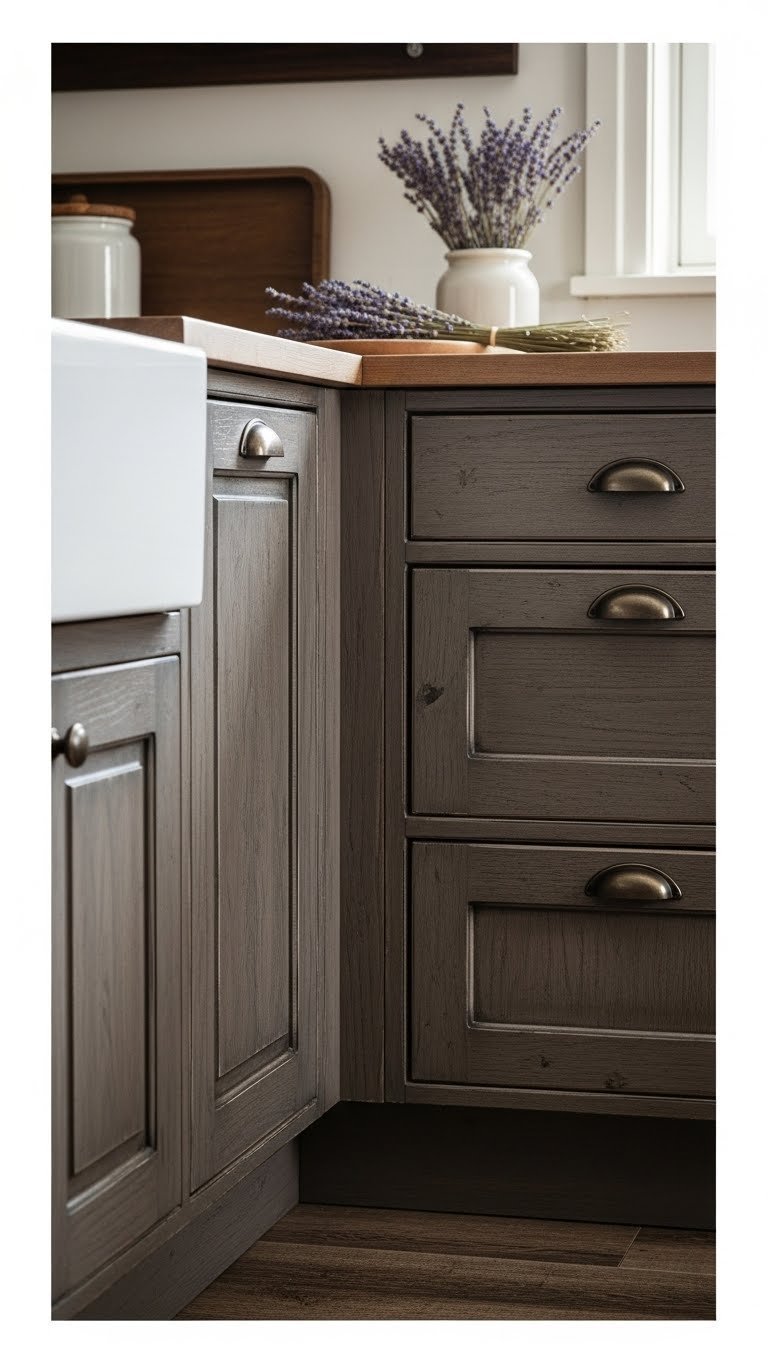 Distressed kitchen cabinets with aged hardware and vintage drawer pulls in rustic U-shaped kitchen