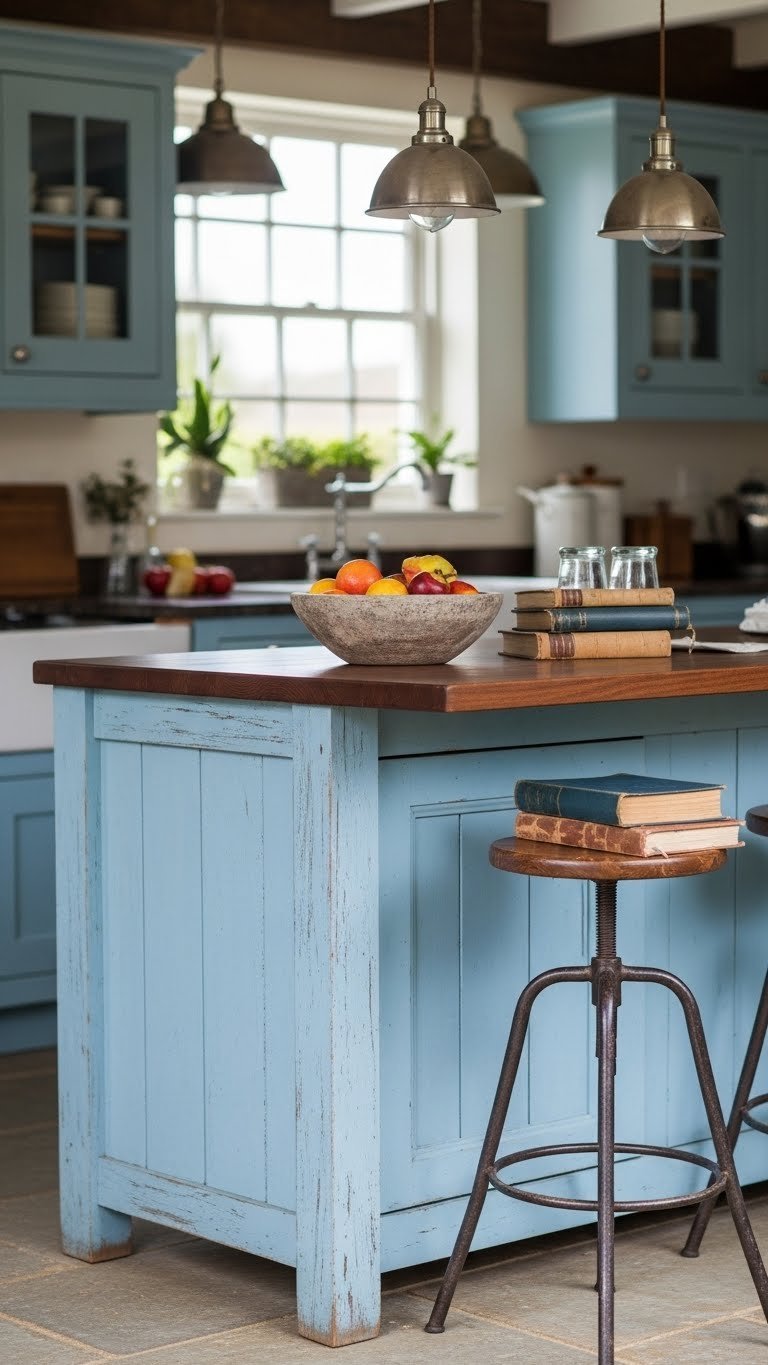 Distressed light blue kitchen island with dark wood top and vintage bar stools in bright daylight setting