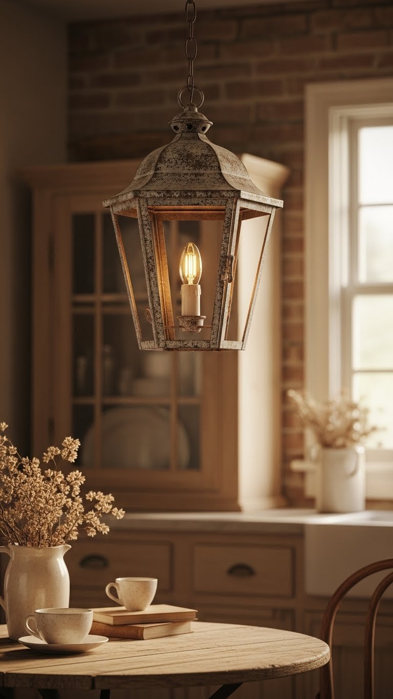 Distressed metal lantern pendant light with warm LED bulb hanging above rustic wooden bistro table