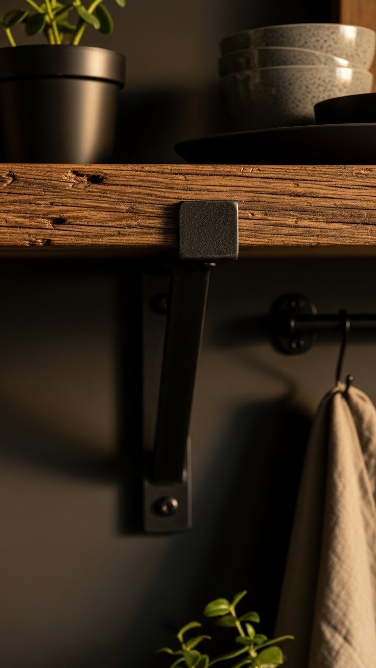 Distressed reclaimed wood shelf next to a black steel industrial bracket, with a small plant and warm linen.