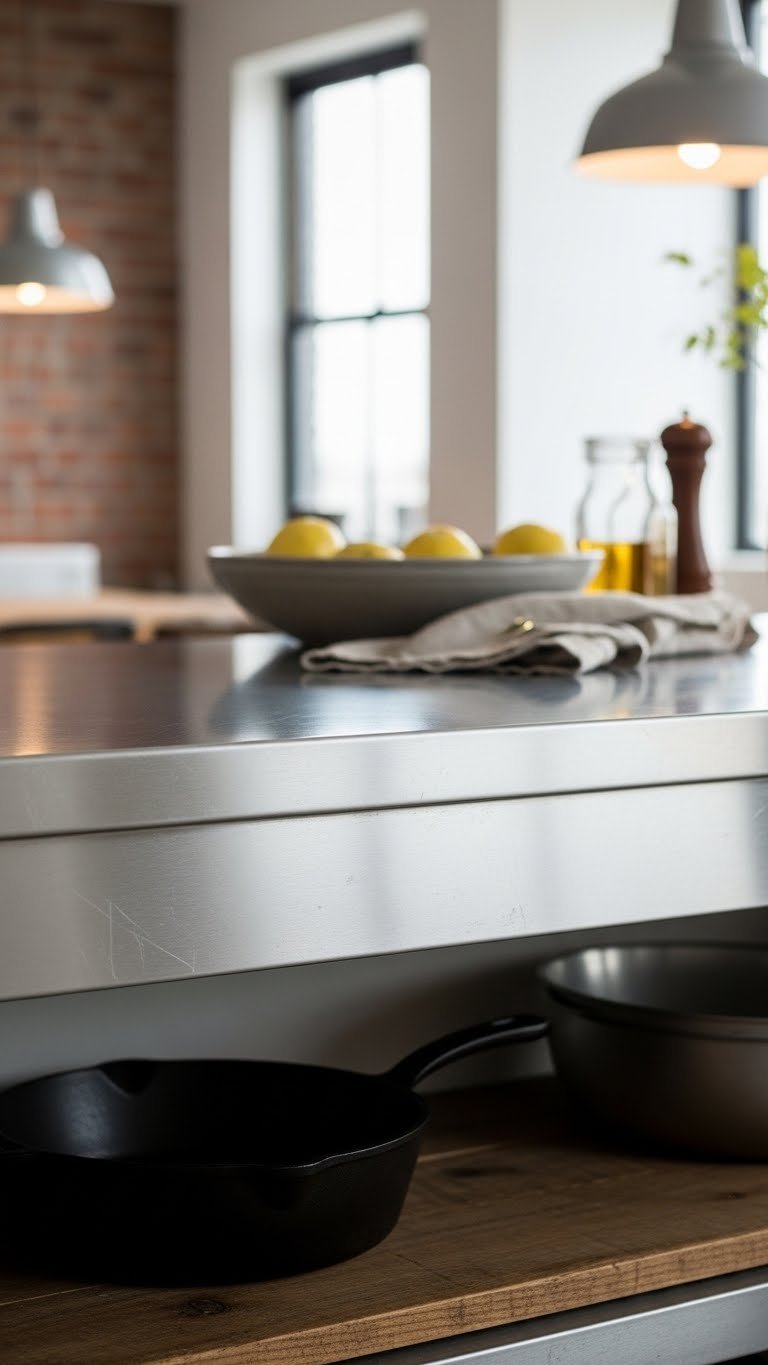 Distressed stainless steel countertop with matte industrial finish and cast iron pan in bright daylight