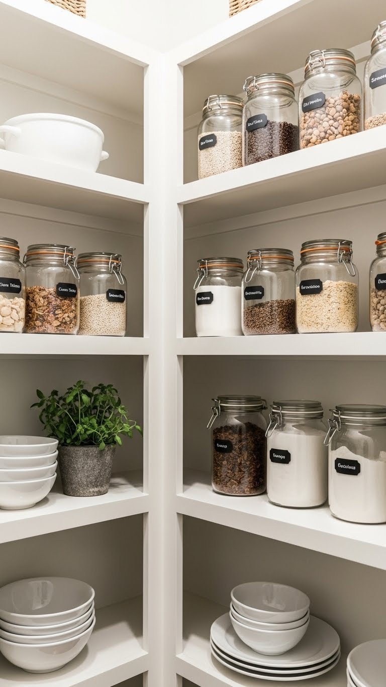 11 Farmhouse Kitchen Pantry Ideas: Design, Organize, &Amp; Style 1 Distressed white farmhouse pantry shelves filled with organized glass jars, ceramic dishes, and potted herbs in bright natural light.