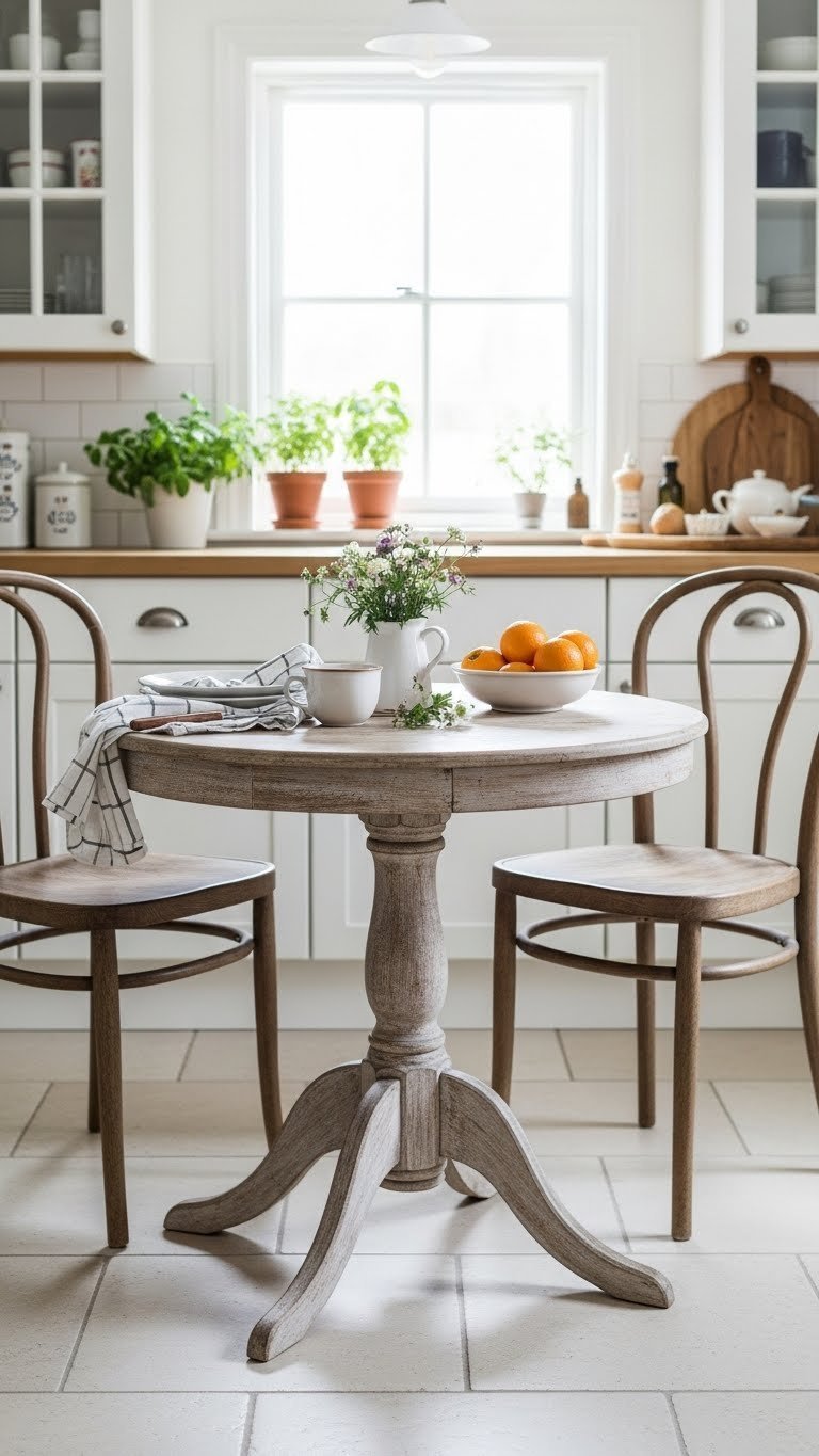 Distressed white round rustic kitchen table in compact nook with mismatched chairs and fresh fruit centerpiece