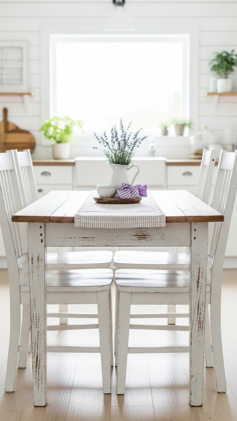 Distressed white rustic kitchen table with subtle wood grain visible in bright farmhouse kitchen with lavender arrangement