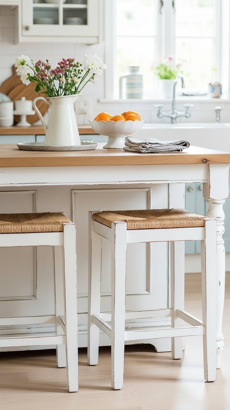 Distressed white shabby chic kitchen island with painted stools and soft pastel accents in bright daylight