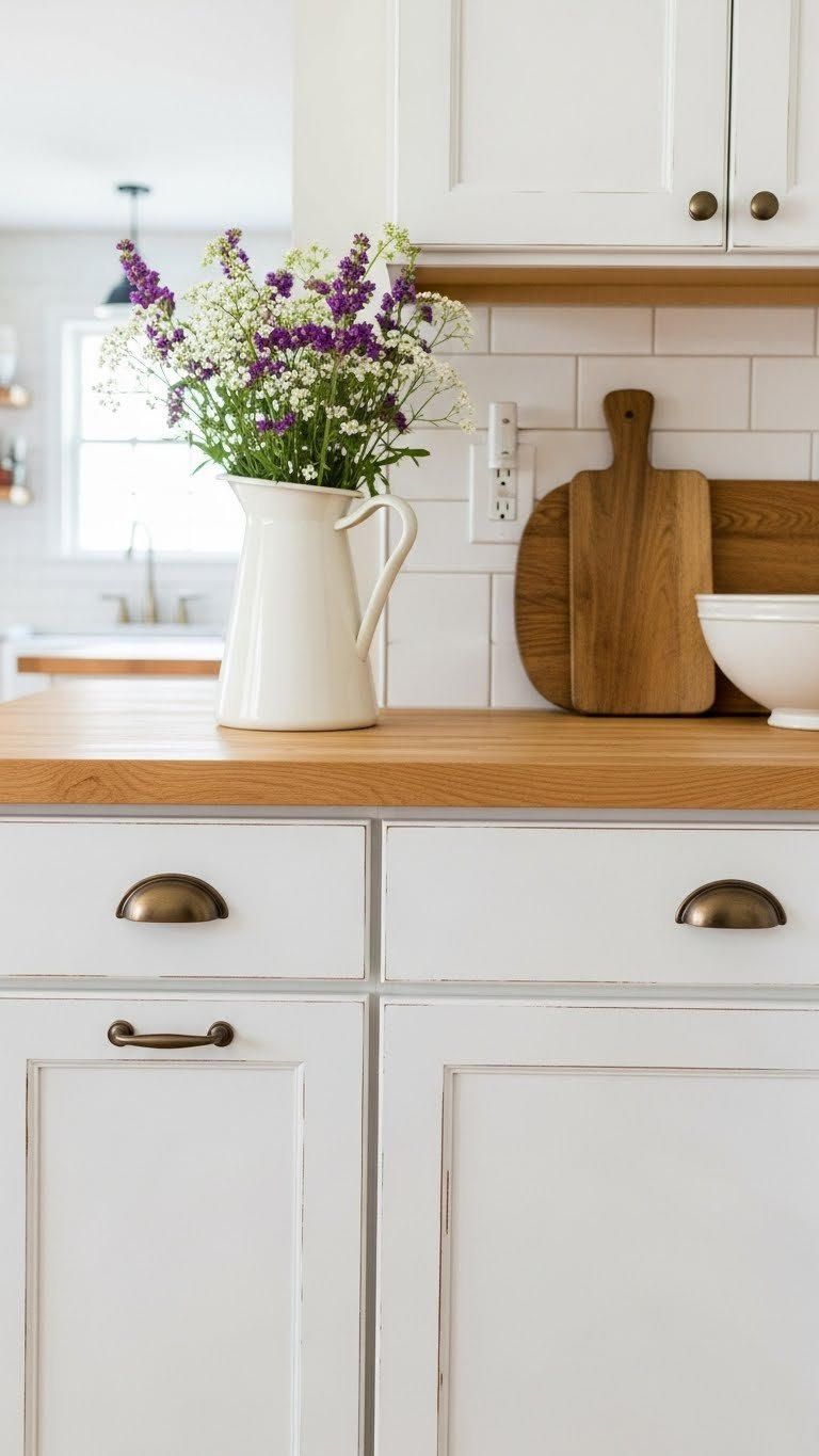 Distressed white shaker kitchen cabinets with worn paint revealing wood grain on light oak countertop with ceramic pitcher and wildflowers.
