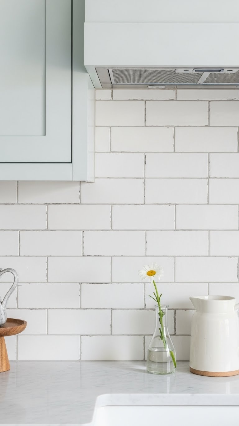 Distressed white subway tile backsplash in staggered pattern with vintage chips and uneven glaze on light marble counter