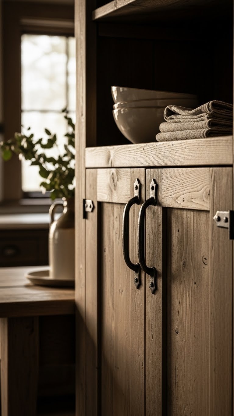 Distressed wood cabin kitchen cabinets with shaker-style doors and wrought iron hardware showcasing craftsmanship details.