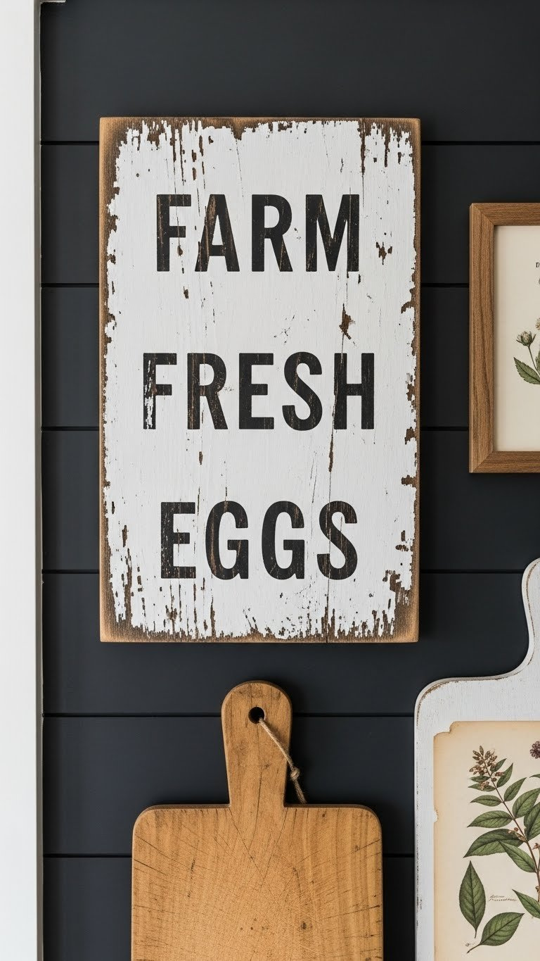 Distressed wooden farmhouse sign on gallery wall with botanical print in rustic kitchen setting