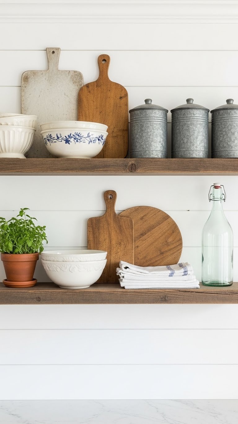 Distressed wooden open shelves on shiplap wall displaying vintage ceramic bowls and galvanized metal canisters