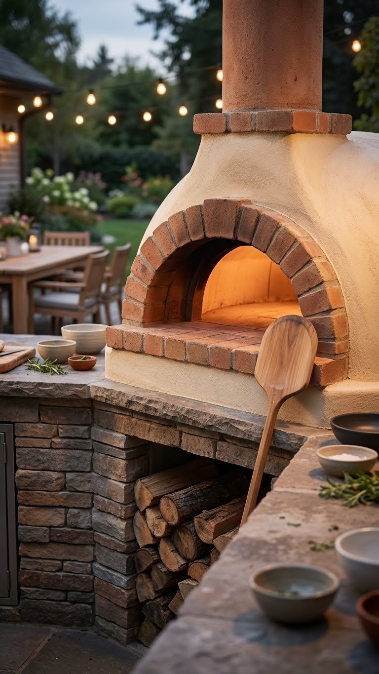 Outdoor Kitchen Mediterranean Design Guide For Al Fresco Living 9 Dome-shaped brick wood-fired pizza oven with warm glow and wooden pizza peel on stone counter