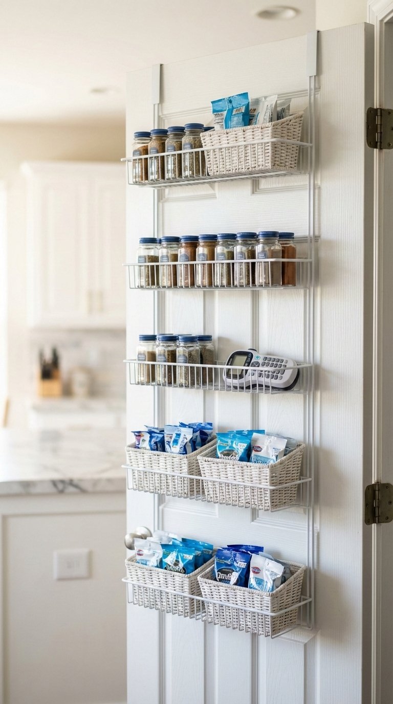 Door-mounted pantry organizer holding spices and snacks on white pantry door with monochromatic blue and white color scheme