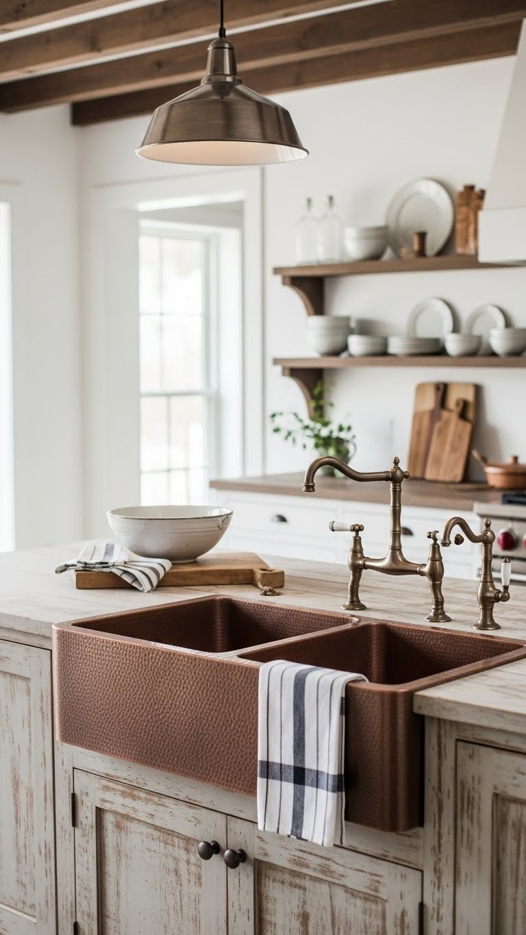 Double-bowl copper sink in distressed wooden kitchen island with industrial pendant light and decorative cutting board