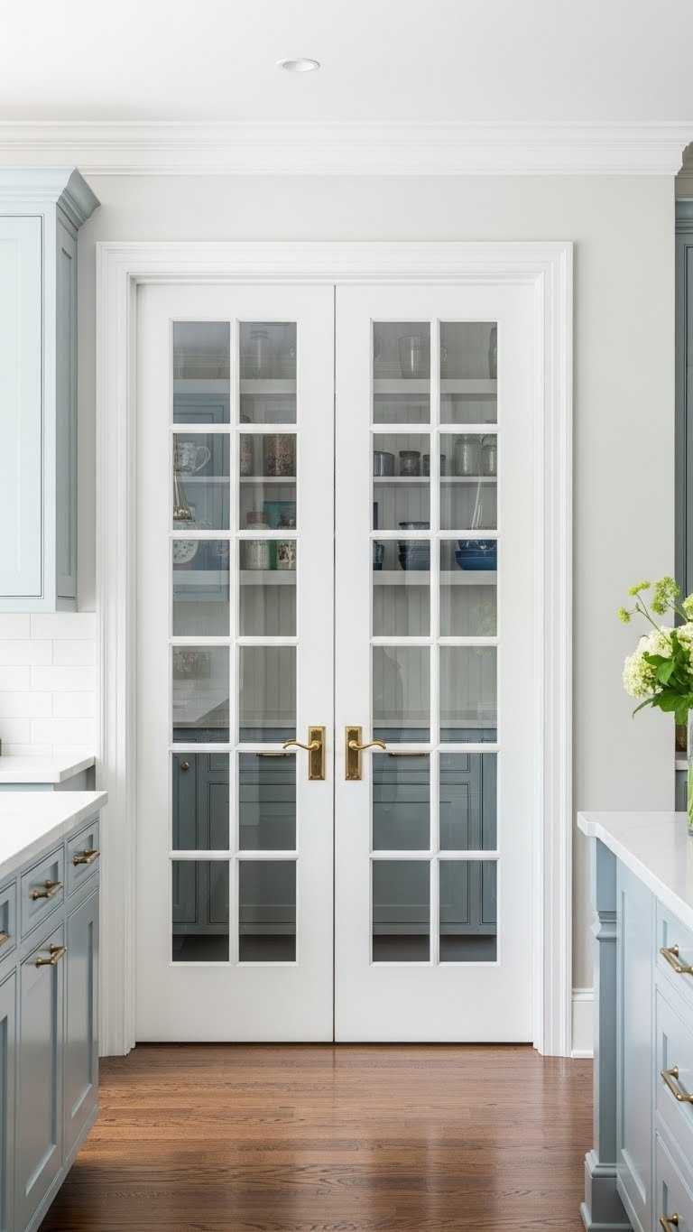 Double white French pantry doors with clear glass panes, slightly ajar in a traditional kitchen, revealing an elegant, organized pantry.